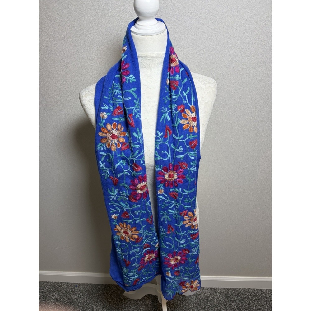 Embroidered Floral Blue Boho Scarf Shawl Wrap~36" x 64"~Soft Gypsy Festival - Picture 1 of 13